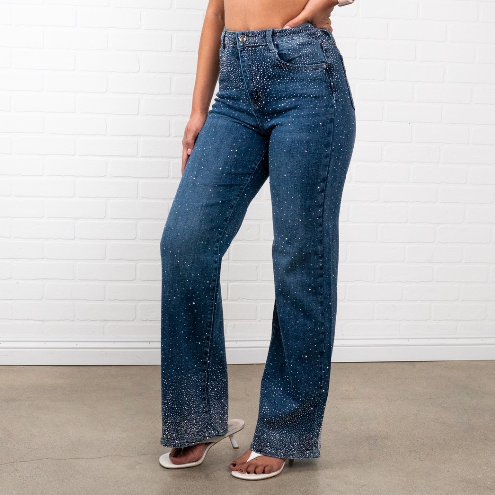 Olivia Rhinestone Straight Jeans | Blue
